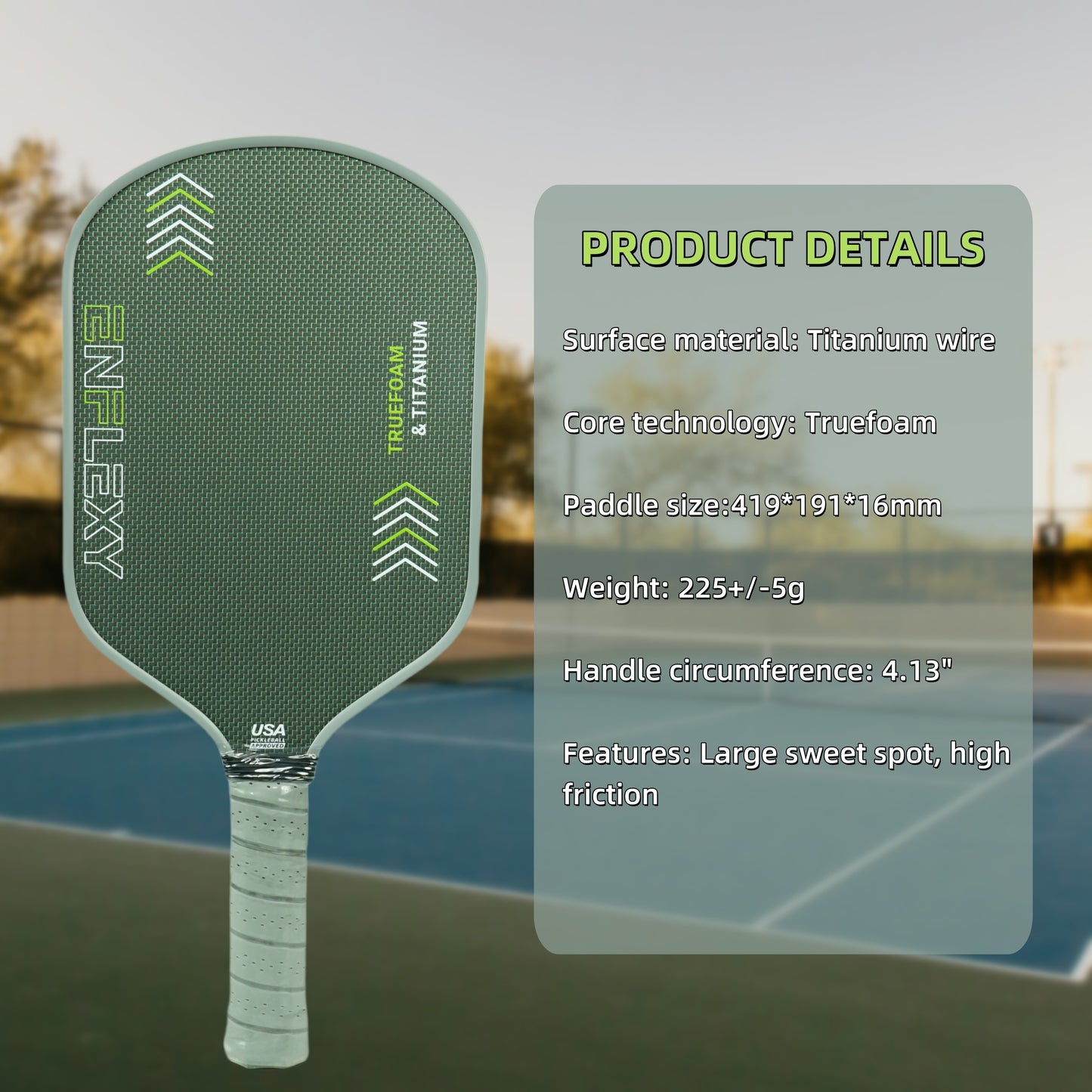 ENFLEXY Truefoam core and Green Titanium surface pickleball paddle