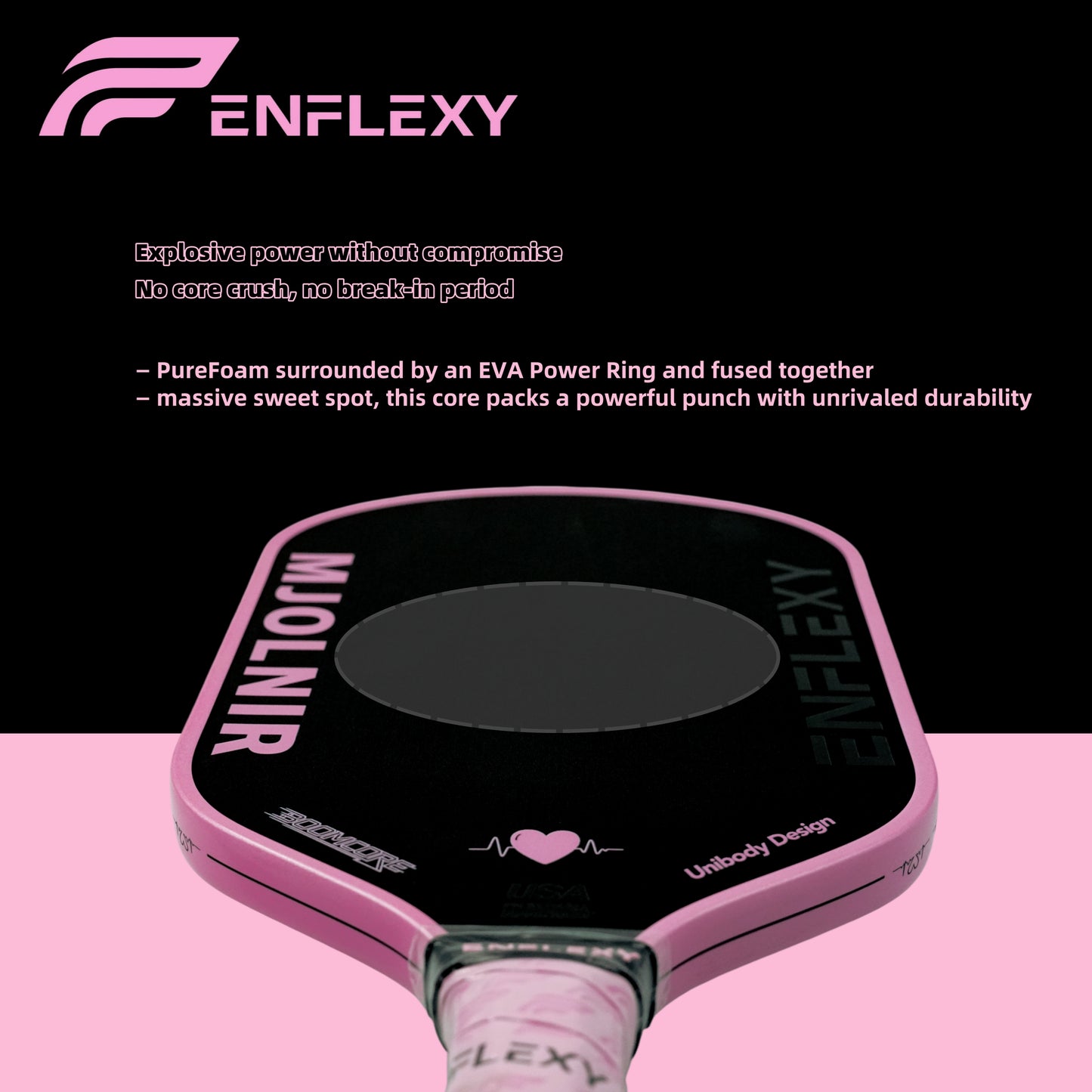 Pink ENFLEXY MJOLNIR BOOM CORE with Toray T700 carbon fiber surface pickleball paddle