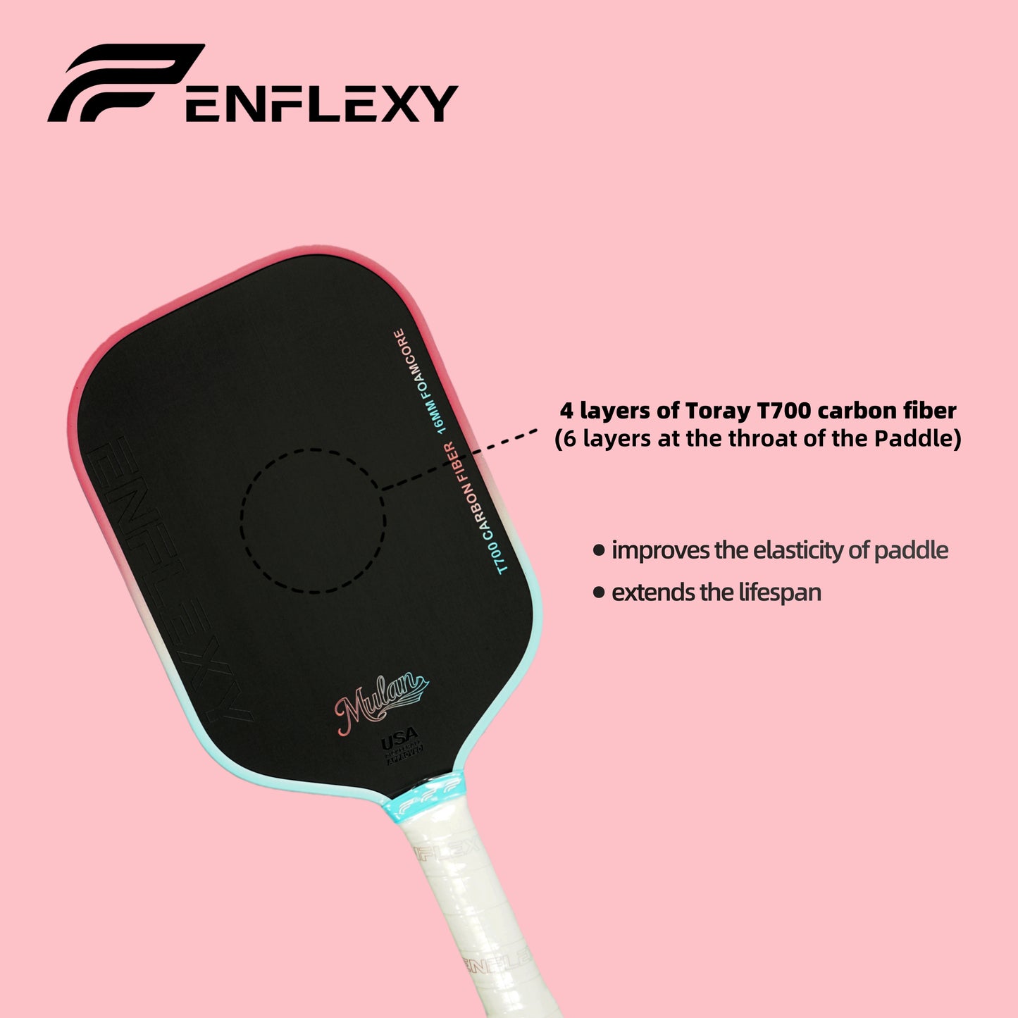 ENFLEXY Mulan True foam core pickleball paddle with Toray T700 carbon fiber surface